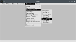 Screenshot of graphical mode of Links, showing menus extended into "Network options" and "HTTP options"