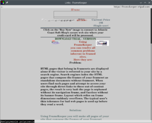 Links graphical mode screenshot of a website advertising some old FrameKeeper product. We can see content being aligned to the middle and in various other ways, an IFrame being indicated on top, some images embedded, and varying alignment of the content