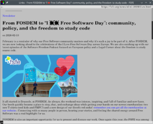 Links graphical mode displaying an entry about I Love Free Software Day on Free Software Foundation Europe blog. For some reason, the heart (I presume) is replaced by two… "blast" characters, it seems. The image renders, the font is very neat for reading